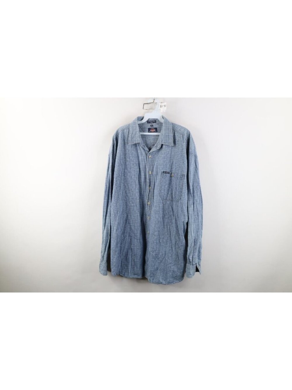 Vtg 90s Dickies Mens 2XL XXL Faded Spell Out Denim Collared Button Shirt Plaid